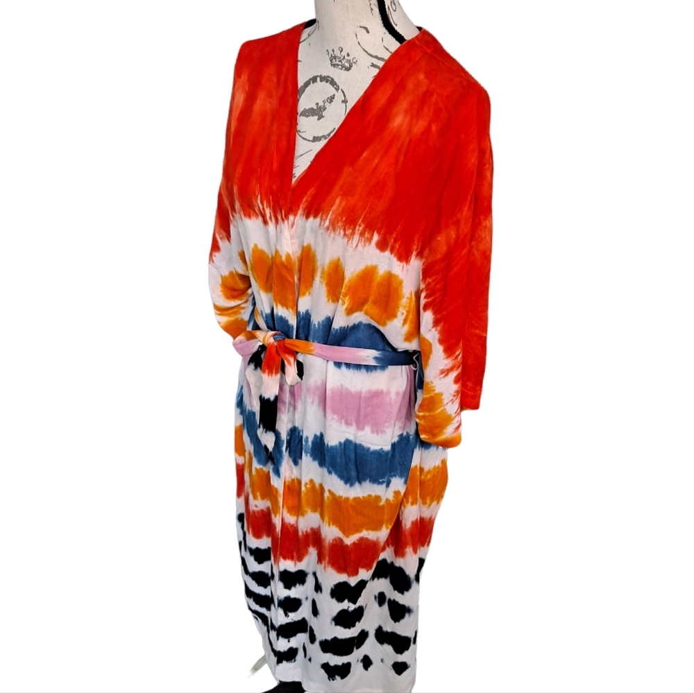 Kendall & Kylie Tie Dye colorful belted long maxi duster kimono - Picture 5 of 16
